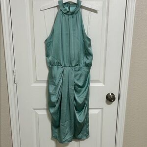 Versona Teal Satin Halter Ruched Mini Dress